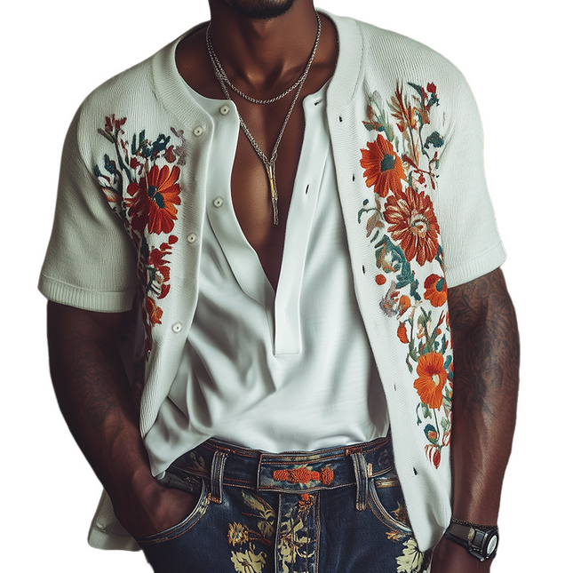 Men's Knitted Cardigan | Vintage Floral Embroidery | Short Sleeve | V-Neck | Casual & Semi-Formal Outerwear | Soft & Durable Fabric | Sizes S-3XL | Stylish Layering Piece | Fashion-Forward Design