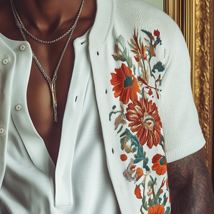 Men's Knitted Cardigan | Vintage Floral Embroidery | Short Sleeve | V-Neck | Casual & Semi-Formal Outerwear | Soft & Durable Fabric | Sizes S-3XL | Stylish Layering Piece | Fashion-Forward Design