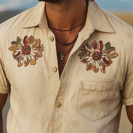 Men's Retro Western Style Shirt | Short Sleeve | Suede Fabric | Embroidered Design | Classic Spring Fashion | Versatile Casual Wear | Nostalgic Aesthetic | Modern Design | Comfortable Fit | Vintage Style
