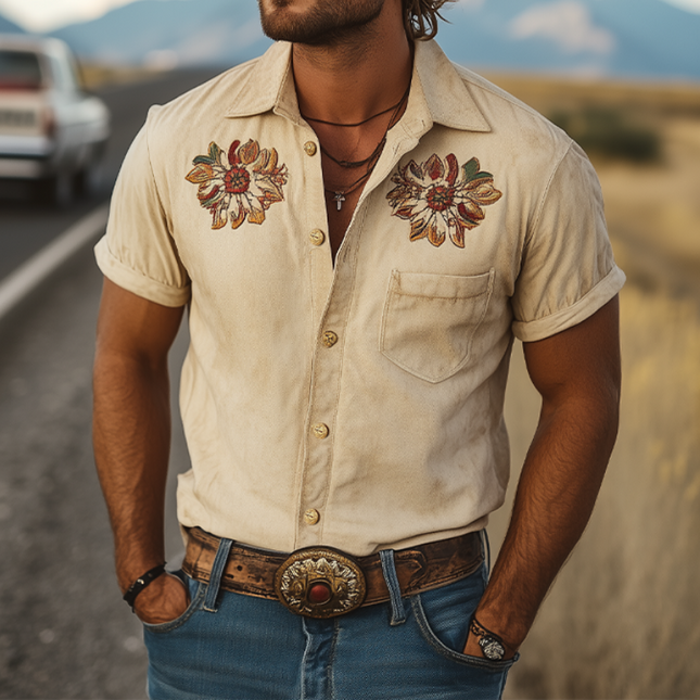 Men's Retro Western Style Shirt | Short Sleeve | Suede Fabric | Embroidered Design | Classic Spring Fashion | Versatile Casual Wear | Nostalgic Aesthetic | Modern Design | Comfortable Fit | Vintage Style