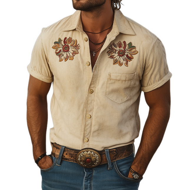 Men's Retro Western Style Shirt | Short Sleeve | Suede Fabric | Embroidered Design | Classic Spring Fashion | Versatile Casual Wear | Nostalgic Aesthetic | Modern Design | Comfortable Fit | Vintage Style