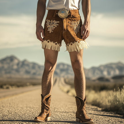 Men's Retro Western Suede Shorts | Tassel & Embroidery Detail | Spring Summer Fashion | No Belt Included