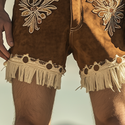 Men's Retro Western Suede Shorts | Tassel & Embroidery Detail | Spring Summer Fashion | No Belt Included