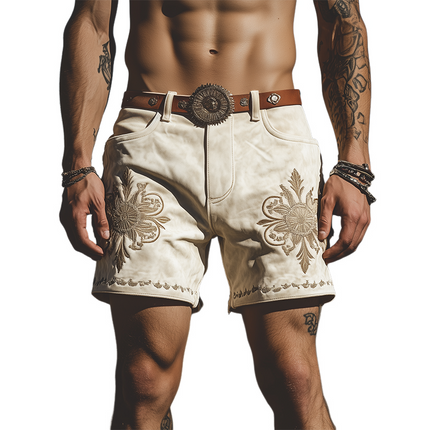 Men's Suede Embroidered Shorts | Retro Western Style | Spring Summer Fashion | Luxurious Material | Relaxed Fit | Versatile Styling | Casual Wear | No Belt | High-Quality Breathable Comfort