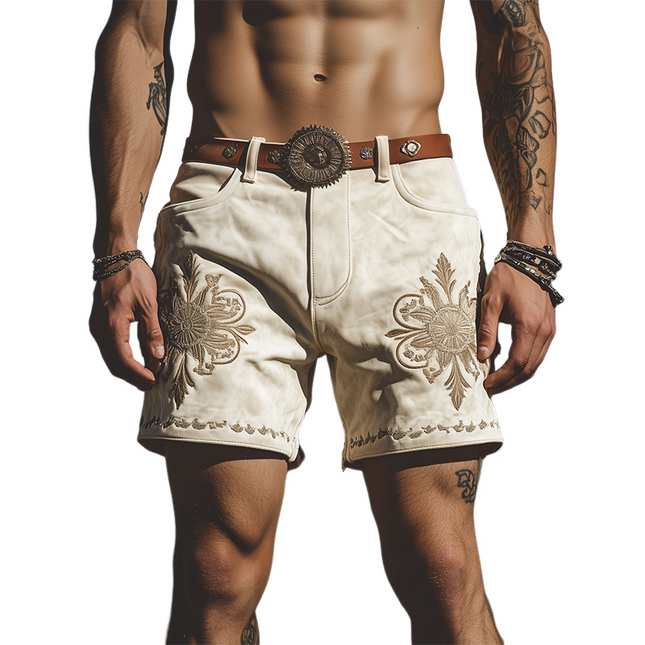 Men's Suede Embroidered Shorts | Retro Western Style | Spring Summer Fashion | Luxurious Material | Relaxed Fit | Versatile Styling | Casual Wear | No Belt | High-Quality Breathable Comfort