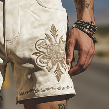 Men's Suede Embroidered Shorts | Retro Western Style | Spring Summer Fashion | Luxurious Material | Relaxed Fit | Versatile Styling | Casual Wear | No Belt | High-Quality Breathable Comfort
