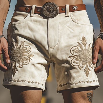 Men's Suede Embroidered Shorts | Retro Western Style | Spring Summer Fashion | Luxurious Material | Relaxed Fit | Versatile Styling | Casual Wear | No Belt | High-Quality Breathable Comfort