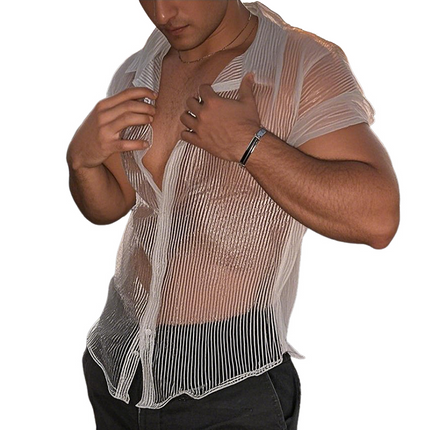 Men's Mesh Striped Short Sleeve Shirt | Lapel Collar | Casual Wear | Breathable Fabric | Sizes S-3XL | Versatile Style for Weekends & Office | Comfortable Fit