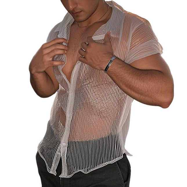 Men's Mesh Striped Short Sleeve Shirt | Lapel Collar | Casual Wear | Breathable Fabric | Sizes S-3XL | Versatile Style for Weekends & Office | Comfortable Fit