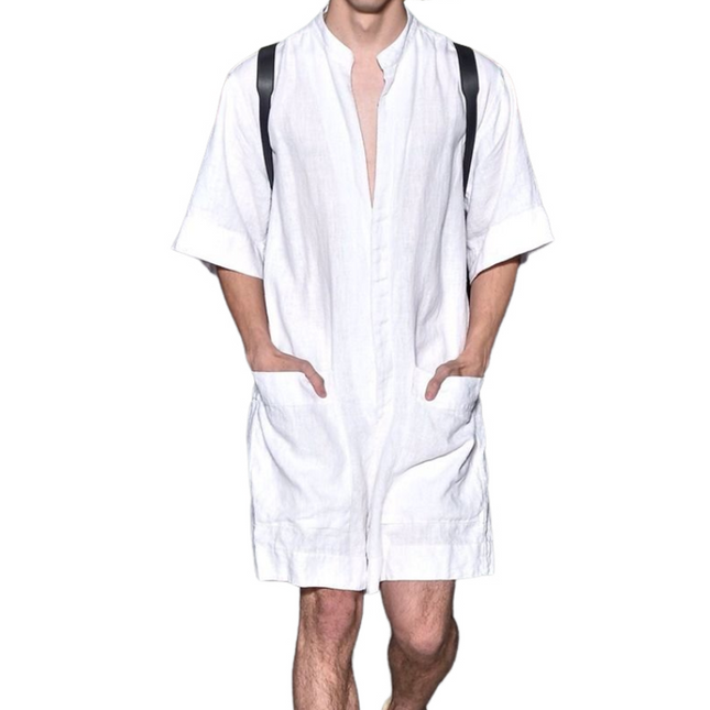 Men's Cotton Linen Jumpsuit | Summer Casual Deep V-Neck | Breathable Loose Fit | Fashionable One-Piece | Functional Pockets | Versatile for Beach Lounge