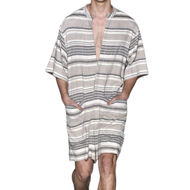 Men's Jumpsuit | Summer Fashion | Casual Loose Fit | Deep V-Neck | Cotton Linen Blend | Striped Pattern | Breathable Lightweight | Beachwear | Everyday Comfort | Functional Pockets