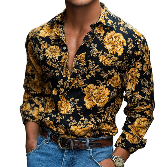 Men's Floral Lapel Long Sleeve Shirt | Retro Casual Printed | Vintage Beachwear | Modern Aesthetic | Breathable Fabric | S-3XL Sizes | Perfect for Relaxed Gatherings