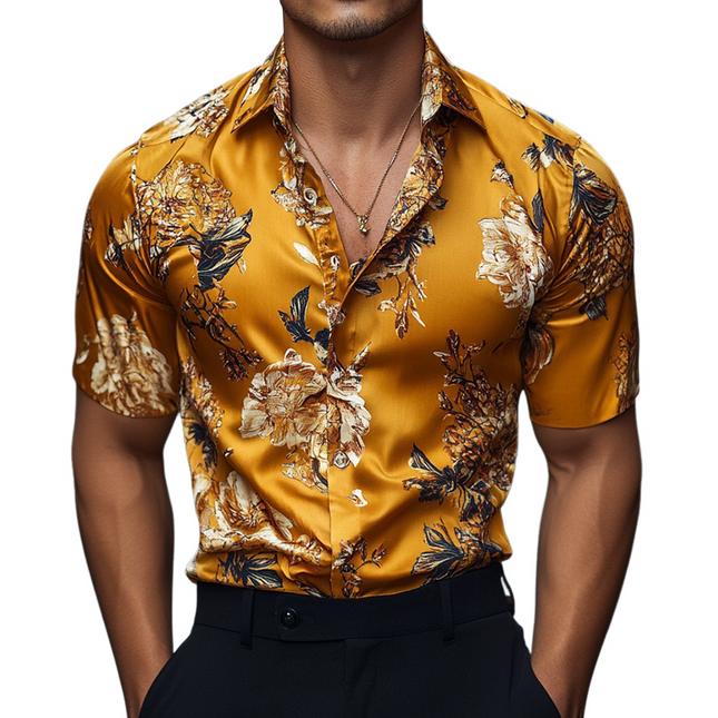 Men's Vintage Floral Shirt | Retro Style | Short Sleeve | Lapel Collar | Casual Wear | Breathable Satin | Summer Fashion | Versatile Sizes S-3XL | Ideal for Beach, Brunch, Vacations | Vibrant Print