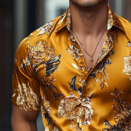 Men's Vintage Floral Shirt | Retro Style | Short Sleeve | Lapel Collar | Casual Wear | Breathable Satin | Summer Fashion | Versatile Sizes S-3XL | Ideal for Beach, Brunch, Vacations | Vibrant Print