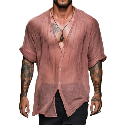 Men's Vintage Style Linen Shirt | Casual V-Neck | Long Sleeve | Lightweight & Breathable | Relaxed Fit | Versatile Wardrobe Essential | Ideal for Casual & Beach Outings | Multiple Sizes & Colors Available