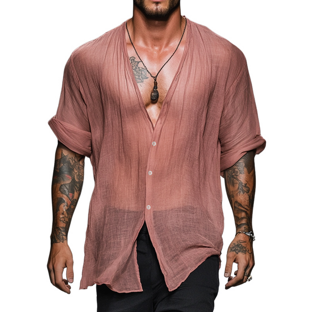 Men's Vintage Style Linen Shirt | Casual V-Neck | Long Sleeve | Lightweight & Breathable | Relaxed Fit | Versatile Wardrobe Essential | Ideal for Casual & Beach Outings | Multiple Sizes & Colors Available