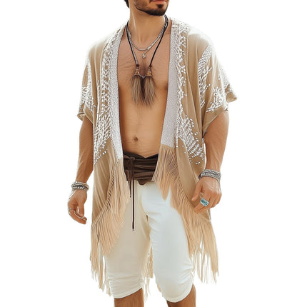 Men's Casual Bohemian Shirt | Summer Printed Tassel Shirt | Collarless Short Sleeve | Soft Breathable Fabric | Knee-Length Design | Vibrant Pattern | S-3XL | Ideal for Beach Outings & Casual Gatherings