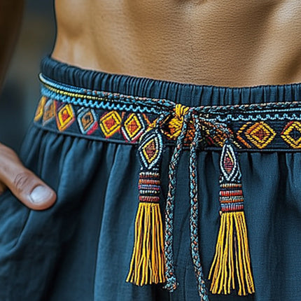 Men's Ethnic Embroidered Lace-Up Cotton Blend Shorts | Casual Summer Style | Breathable Lightweight Fabric | Adjustable Waist | Ideal for Beach Getaways & Festivals | S-3XL