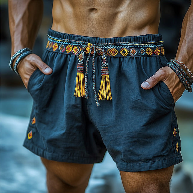 Men's Ethnic Embroidered Lace-Up Cotton Blend Shorts | Casual Summer Style | Breathable Lightweight Fabric | Adjustable Waist | Ideal for Beach Getaways & Festivals | S-3XL