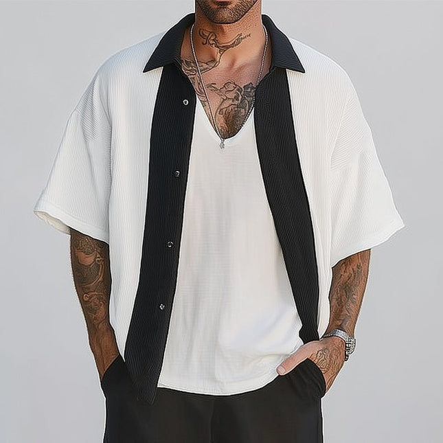 Men's Short Sleeve Colorblock Shirt | Summer Casual Loose Fit | Lightweight Breathable Fabric | Classic Spread Collar | S-3XL Sizes | Ideal for Beach and Casual Wear