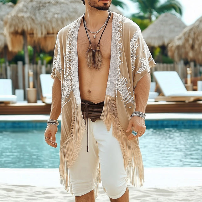 Men's Casual Bohemian Shirt | Summer Printed Tassel Shirt | Collarless Short Sleeve | Soft Breathable Fabric | Knee-Length Design | Vibrant Pattern | S-3XL | Ideal for Beach Outings & Casual Gatherings