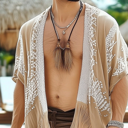 Men's Casual Bohemian Shirt | Summer Printed Tassel Shirt | Collarless Short Sleeve | Soft Breathable Fabric | Knee-Length Design | Vibrant Pattern | S-3XL | Ideal for Beach Outings & Casual Gatherings