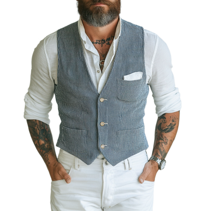 Men's Slim Fit Striped Vest | Casual Cotton Blend | V-Neck Single-Breasted Design | Tailored Fit with Side Pockets | Versatile Smart-Casual and Formal Styling | Breathable Fabric | Easy Care | Sizes Available