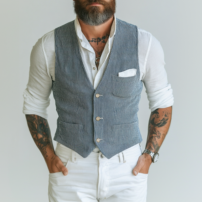 Men's Slim Fit Striped Vest | Casual Cotton Blend | V-Neck Single-Breasted Design | Tailored Fit with Side Pockets | Versatile Smart-Casual and Formal Styling | Breathable Fabric | Easy Care | Sizes Available