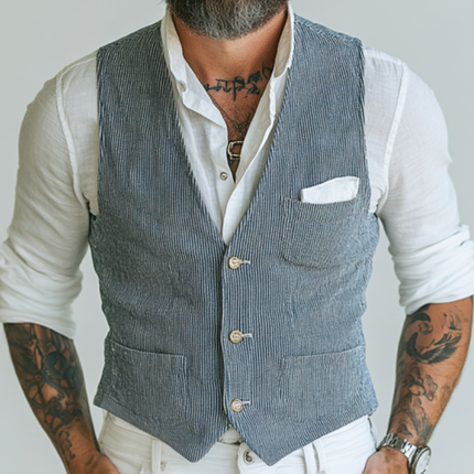 Men's Slim Fit Striped Vest | Casual Cotton Blend | V-Neck Single-Breasted Design | Tailored Fit with Side Pockets | Versatile Smart-Casual and Formal Styling | Breathable Fabric | Easy Care | Sizes Available