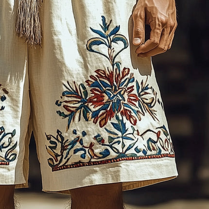 Men's Retro Embroidered Shorts | Cotton Linen Blend | Loose Fit | Summer Casual Style | Elastic Waistband with Drawstring | Breathable Fabric | Comfort Movement | S-3XL Sizes