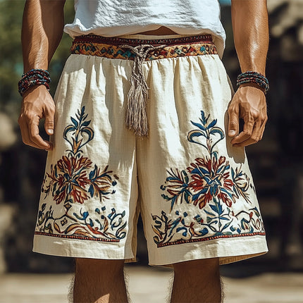 Men's Retro Embroidered Shorts | Cotton Linen Blend | Loose Fit | Summer Casual Style | Elastic Waistband with Drawstring | Breathable Fabric | Comfort Movement | S-3XL Sizes