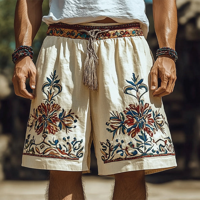 Men's Retro Embroidered Shorts | Cotton Linen Blend | Loose Fit | Summer Casual Style | Elastic Waistband with Drawstring | Breathable Fabric | Comfort Movement | S-3XL Sizes