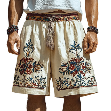 Men's Retro Embroidered Shorts | Cotton Linen Blend | Loose Fit | Summer Casual Style | Elastic Waistband with Drawstring | Breathable Fabric | Comfort Movement | S-3XL Sizes