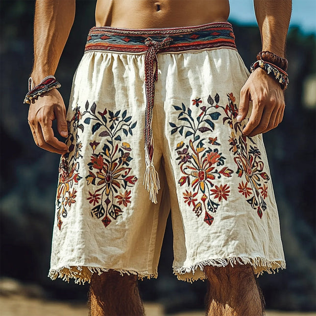 Men's Retro Embroidered Cotton Linen Shorts | Vintage Style | Breathable Summer Fabric | Adjustable Drawstring Waist | Relaxed Fit | Sizes S-3XL