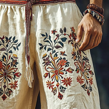 Men's Retro Embroidered Cotton Linen Shorts | Vintage Style | Breathable Summer Fabric | Adjustable Drawstring Waist | Relaxed Fit | Sizes S-3XL