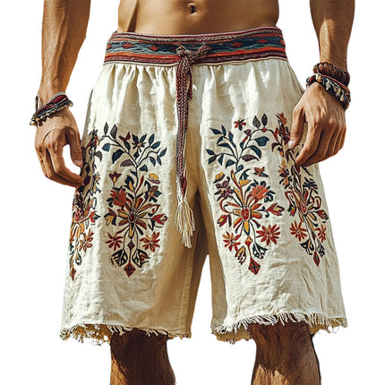 Men's Retro Embroidered Cotton Linen Shorts | Vintage Style | Breathable Summer Fabric | Adjustable Drawstring Waist | Relaxed Fit | Sizes S-3XL