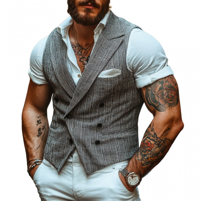 Men's Cotton Blend Slim-Fit Vest | Double-Breasted Peaked Lapel | Casual Suit Vest | Elegant Formal & Smart-Casual Style | Comfortable Lightweight Fabric | Functional Pockets | Versatile Wardrobe Essential