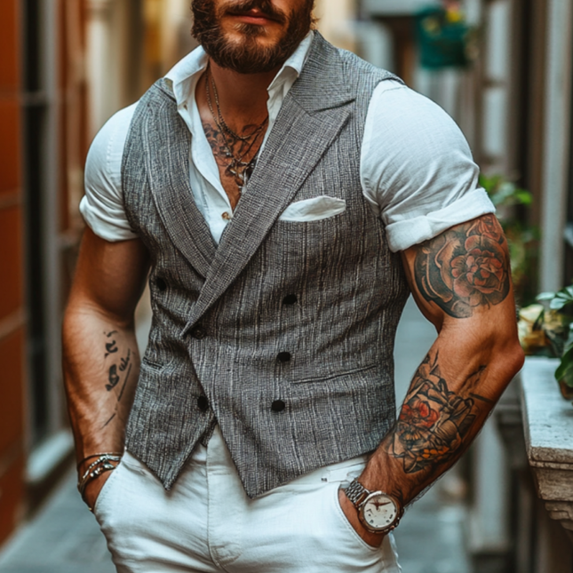 Men's Cotton Blend Slim-Fit Vest | Double-Breasted Peaked Lapel | Casual Suit Vest | Elegant Formal & Smart-Casual Style | Comfortable Lightweight Fabric | Functional Pockets | Versatile Wardrobe Essential