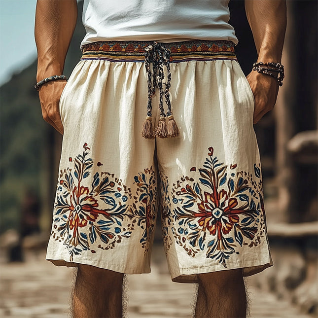 Men's Retro Embroidered Shorts | Cotton Linen Blend | Comfortable & Breathable | Adjustable Drawstring Waistband | Relaxed Fit | Vintage Style | Perfect for Summer | Available S to 3XL Sizes