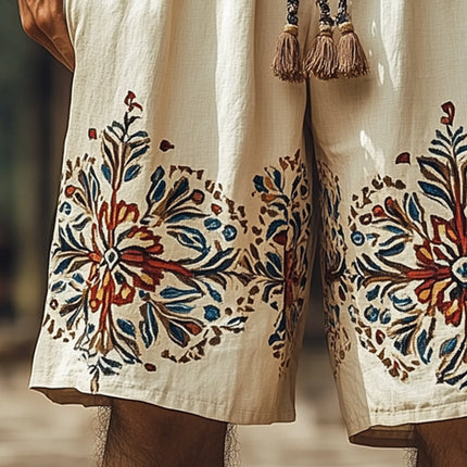 Men's Retro Embroidered Shorts | Cotton Linen Blend | Comfortable & Breathable | Adjustable Drawstring Waistband | Relaxed Fit | Vintage Style | Perfect for Summer | Available S to 3XL Sizes
