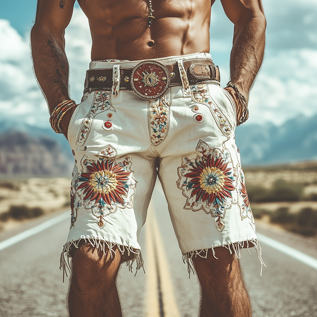 Men's Retro Suede Embroidered Shorts | Spring & Summer Fashion | Lightweight Breathable Fabric | Relaxed Fit | Unique Vintage Style | Stylish Comfort | Functional Pockets