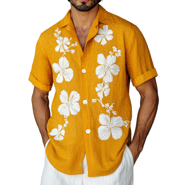 Men's Floral Embroidery Shirt | Cotton Linen Blend | Lapel Collar | Loose Fit | Short Sleeve | Casual Style | Breathable Summer Top | Versatile Fashion | Elegant Design | Comfortable Everyday Wear