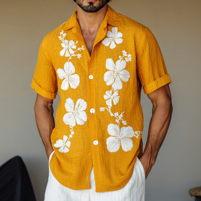 Men's Floral Embroidery Shirt | Cotton Linen Blend | Lapel Collar | Loose Fit | Short Sleeve | Casual Style | Breathable Summer Top | Versatile Fashion | Elegant Design | Comfortable Everyday Wear