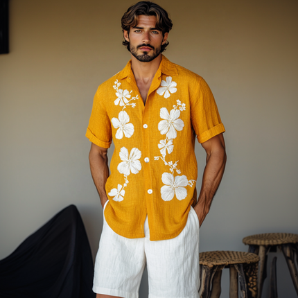 Men's Floral Embroidery Shirt | Cotton Linen Blend | Lapel Collar | Loose Fit | Short Sleeve | Casual Style | Breathable Summer Top | Versatile Fashion | Elegant Design | Comfortable Everyday Wear