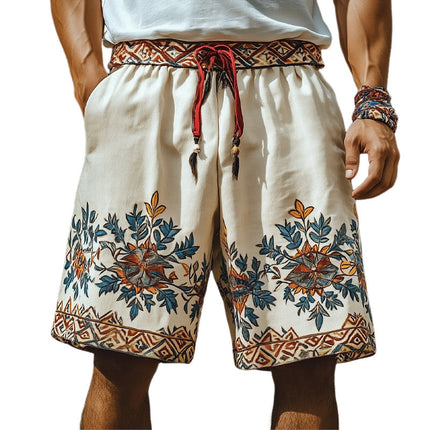 Men's Retro Embroidered Loose Shorts | Summer Cotton Blend | Casual Style | Relaxed Fit | Elastic Waistband with Drawstring | Functional Pockets | Lightweight and Breathable Fabric for Warm Weather