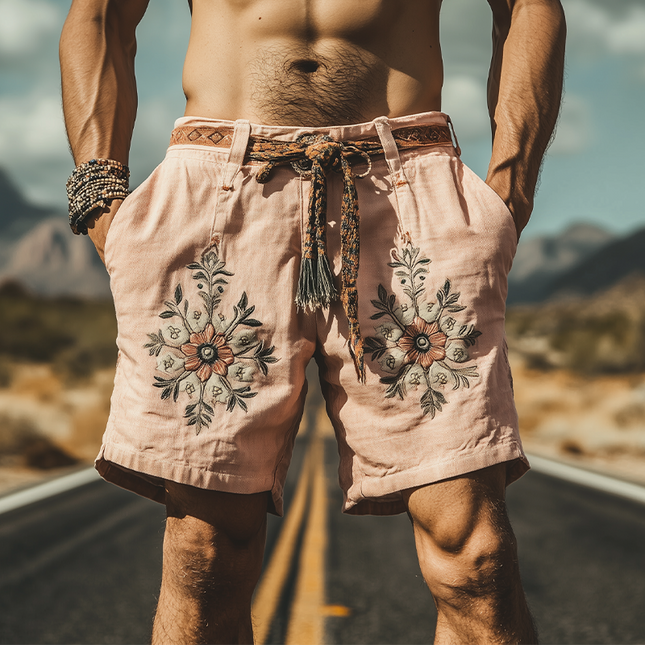 Men's Casual Summer Western Style Shorts | Lightweight Ramie Fabric | Intricate Embroidery | Comfortable Fit | Functional Pockets | Versatile Styling | Fashionable Warm-Weather Apparel