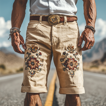 Men's Vintage Twill Cotton Embroidered Knee-Length Shorts | Spring Summer Fashion | High-Quality Fabric | Relaxed Fit | Breathable & Durable | Functional Pockets | Comfortable Casual Style