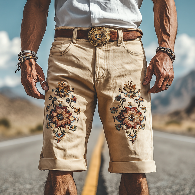 Men's Vintage Twill Cotton Embroidered Knee-Length Shorts | Spring Summer Fashion | High-Quality Fabric | Relaxed Fit | Breathable & Durable | Functional Pockets | Comfortable Casual Style