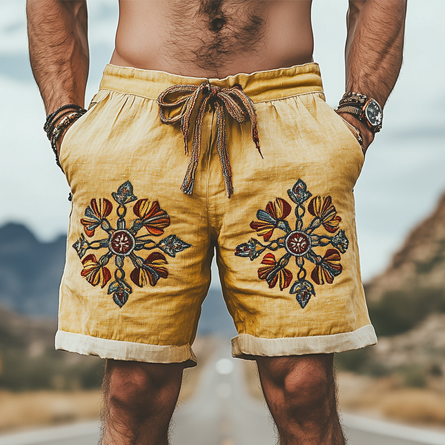 Men's Summer Shorts | Casual Western Style | Ramie Blend | Splicing Embroidery | Breathable Lightweight | Relaxed Fit | Versatile Wardrobe Staple | Comfortable Outdoor Wear