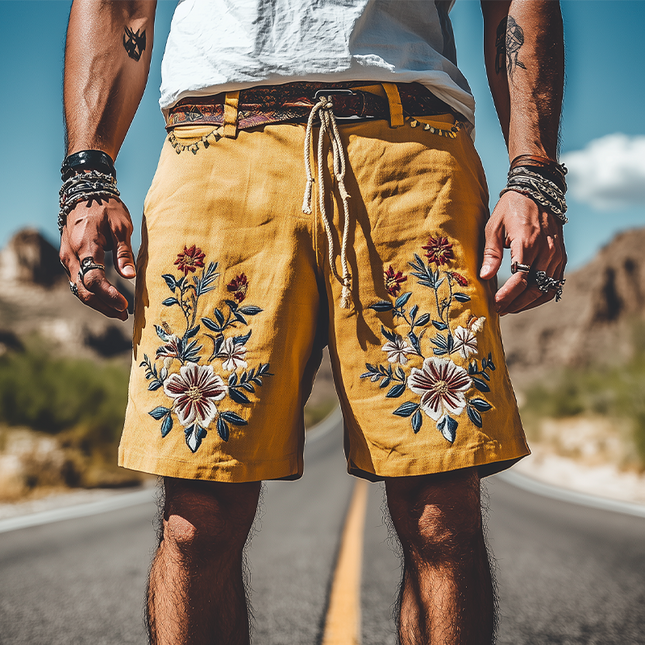 Men's Retro Western Style Shorts | Summer Casual Fashion | Ramie Embroidery | Breathable | Comfortable Fit | Versatile Pairing | Functional Design | No Belt